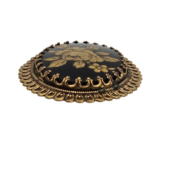 VTG Brooch Gold Tone Black Enamel Floral Cameo Antique Renaissance Granny Pin - Picture 7 of 10